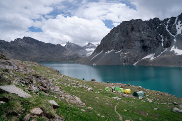 Picturesque turquoise mountain lake Ala-Kul. Tien Shan. Kyrgyzstan.