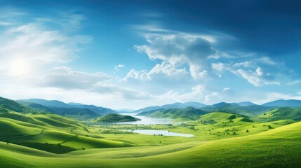 Panoramic green field landscape view. Blue mountains background and bright blue sky. 