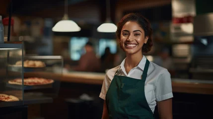 Poster Portrait of smiling waitress standing in cafe © MP Studio