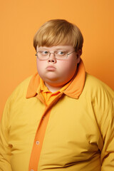 Portrait of a young student boy with Down syndrome in daily clothes against a professional backdrop in a photo studio. Generated Ai