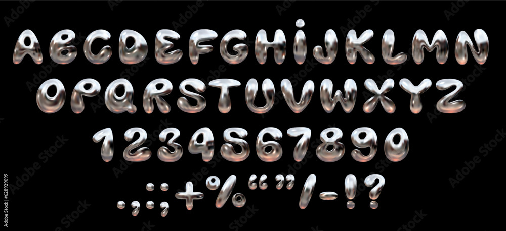 Poster shiny chrome bubble font in y2k style. realistic 3d letters and numbers of the english alphabet