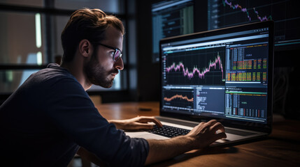 Stock Trader Man Using Multiple Monitors while working at night. Back view.