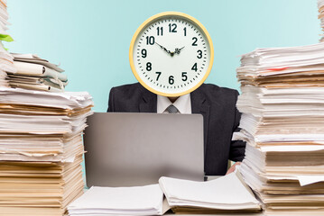 Contemporary Art Collage, Concept of time management. A male accountant or company manager with an clock instead of a head works in an office in view of the accumulated paper work.