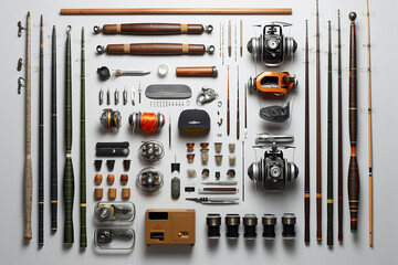 Collection of fishing equipment bait and rod on a white background illustration