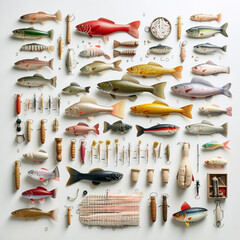 Collection of fishing equipment bait and rod on a white background organized