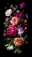 Arrangement of a colorful peonies and foliage on a black background