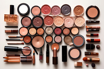 Collection of makeup tools on a white background organized symmetric