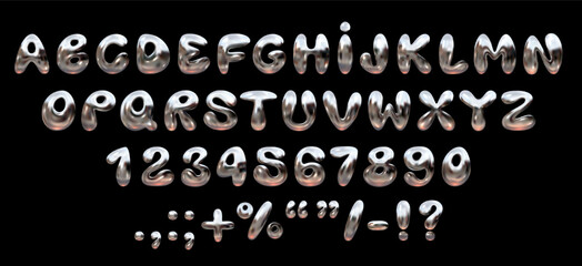 Shiny chrome bubble font in Y2K style. Realistic 3D letters and numbers of the English alphabet - obrazy, fototapety, plakaty