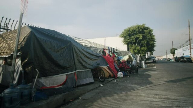 LA Skid Row Tents Along Inner City Sidewalk 4K
