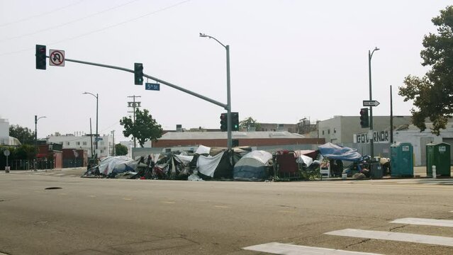 LA Skid Row Tents Along Inner City Sidewalk 4K
