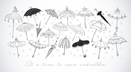 Collection of doodle vintage umbrellas on white background. Vector sketch illustration. Cute doodle coloring page. © elinacious