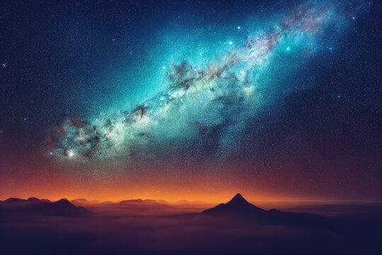 Milky Way above mountains in fog at night in autumn. Landscape with hills valley.
