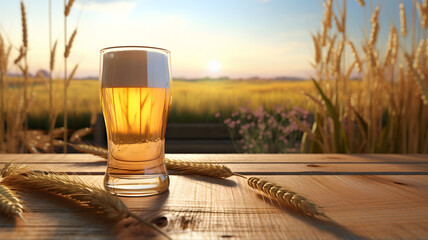 Glass of beer, blond beer, malt grain, in front of a cereal field, homemade beer, local brewery, alcohol, fresh beverage, stout, lagger, packshot of a beer, nature, organic, cold beer