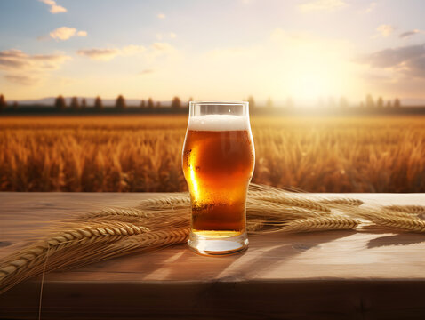 Glass of beer, blond beer, malt grain, in front of a cereal field, homemade beer, local brewery, alcohol, fresh beverage, stout, lagger, packshot of a beer, nature, organic