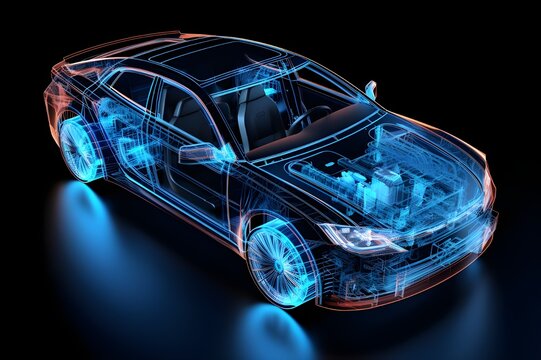 Glossy red and blue 3d rendered xray transparent Engine car. Blue wireframe sedan car isolated on blue background.  blue wireframe blueprints car with perfect highlights and shadows.