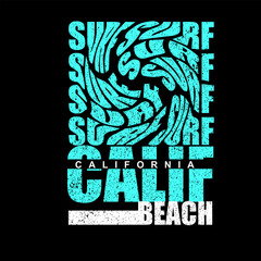 California beach typography swirl letter grunge distress surf poster black background vector illustration t shirt design vector graphics
