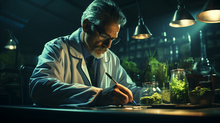 bearded man in a black suit and a green plant with marijuana in a glass jar.generative ai