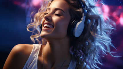 beautiful woman enjoying music with headphones in nightclub.generative ai