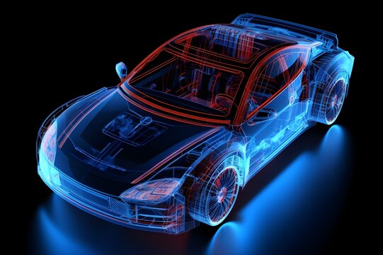 Glossy red and blue 3d rendered xray transparent Engine car. Blue wireframe sedan car isolated on blue background.  blue wireframe blueprints car with perfect highlights and shadows.