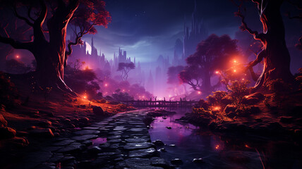 Fototapeta na wymiar night forest, fantasy landscape with fantasy forest,generative ai