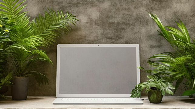 Mockup of a laptop with empty screen with neutral background