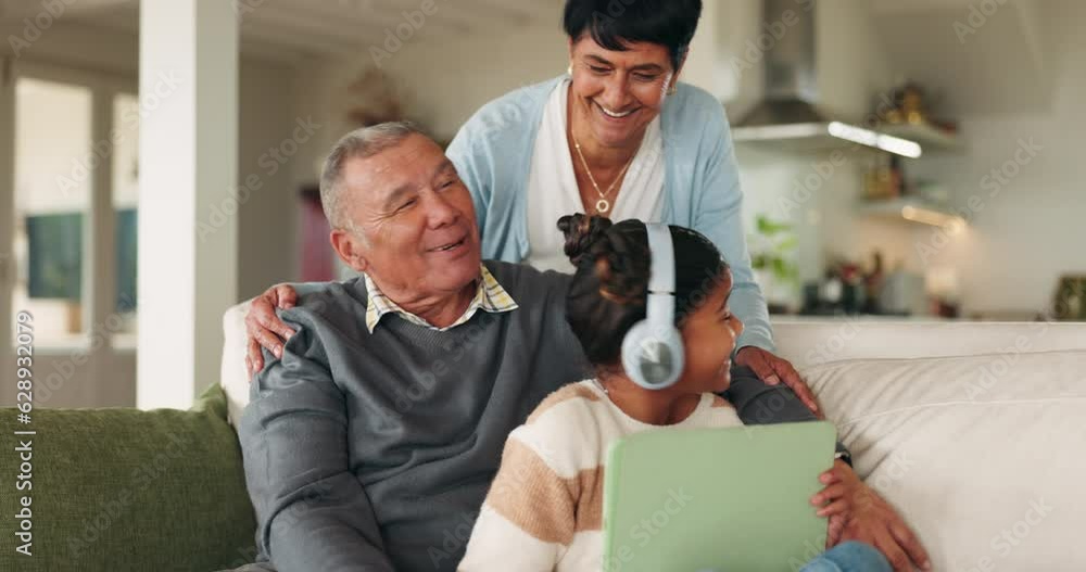 Sticker Tablet, grandparents and kid with headphones in home for music, bonding and happy family together on sofa. Girl, grandmother and grandfather with tech for internet, social media or app for learning