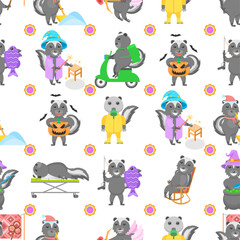 Seamless Pattern Abstract Elements Animal Skunk Wildlife Vector Design Style Background Illustration Texture For Prints Textiles, Clothing, Gift Wrap, Wallpaper, Pastel