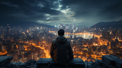 young woman sitting on the bench and looking at city view.generative ai