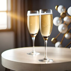 Two glasses champagne or secco on table, for celebration, wedding, party or birthday, generative AI