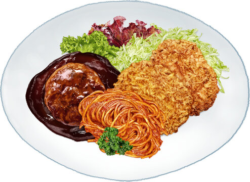 A Yoshoku Sample Platter which features a combination of popular Japanese Western Cuisine dishes, including Japanese Hamburger Steak, Ketchup Spaghetti, and Potato Croquettes or "Korokke."