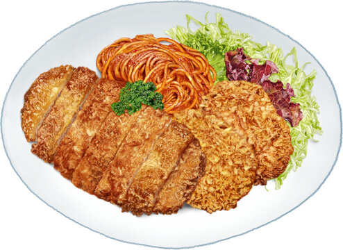  A Yoshoku Sample Platter which features a combination of popular Japanese Western Cuisine dishes, including Japanese pork cutlet "Ton