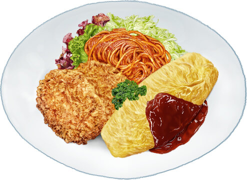 A Yoshoku Sample Platter which features a combination of popular Japanese Western Cuisine dishes, including Japanese omelette rice "Omurice", Ketchup Spaghetti, and Potato Croquettes or "Korokke."