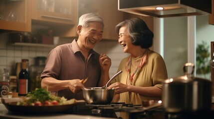 A Relationships and Activities of Romantic Elders Senior Asian man and woman Couple Enjoying healthy Cooking in the kitchen. Love, warmth. Generated with AI.
