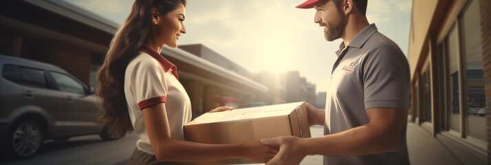 A Close-up Courier handing cardboard Boxes to Customer in front of customer's House, Delivery concept blowing Generated with AI.