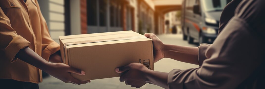 A Close-up Courier handing cardboard Boxes to Customer in front of customer's House, Delivery concept blowing Generated with AI.