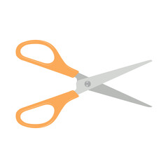 Yellow scissors isolated on white background. Hand drawn opened pair of scissors. Craft and needlework cutting. Vector illustration. - obrazy, fototapety, plakaty