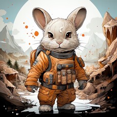 Cute astronaut bunny, a bunny in space outfit in a rock, in the style of highly detailed illustrations, adventure themed , Generative Ai