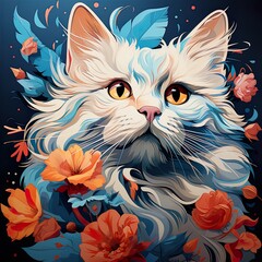 cats with flowers in the background, in the style of made of flowers,  childlike illustrations, thick texture, colorful fauna,  Generative Ai