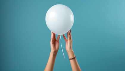 Fototapeta na wymiar hands holding a blow up balloon. white balloon. light blue background. hands. blue background