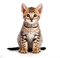 Cute little savannah cat baby kitty realistic photo generative AI illustration isolated on white background. Lovely baby animals concept
