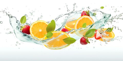 Fototapeta na wymiar fruit slices of oranges and strawberries splashing water