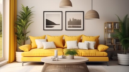 Cozy modern living room in white and yellow tones.