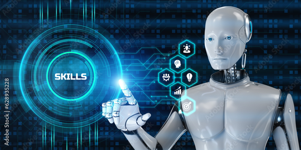 Poster skills personal training development education concept. robot pressing button on screen. 3d render.