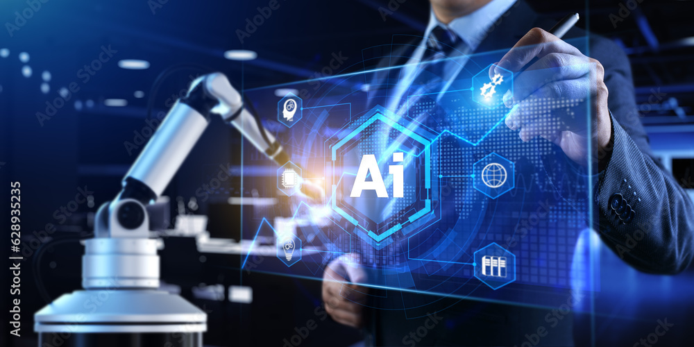 Poster ai artificial intelligence smart industry 4.0. cobot robotic arm 3d render.
