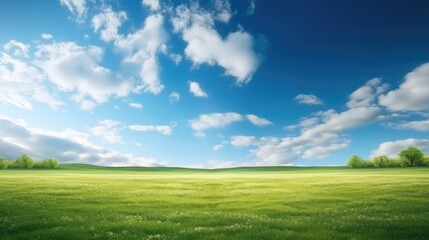 Fototapeta na wymiar Minimalist idyllic natural with green mowed grass meadow and blue sky.
