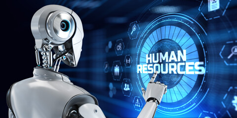 HR Human resources automation RPA. Robot pressing button on screen 3d render.