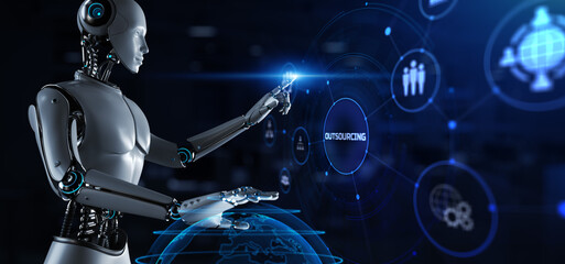 Outsourcing process automation. Robot pressing button on screen 3d render.