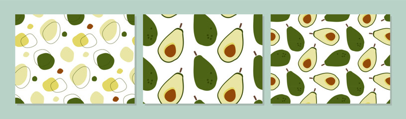 Avocado abstract background set. Three patterns. Seamless patterns with avocado and abstract spots hand drawn sketch. Backgrounds for textile, wrapping, wallpaper, cover. Modern exotic design.