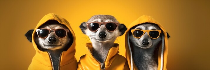 Fototapeta premium Group of Meerkat in vibrant bright fashionable on yellow background, Creative animal concept.