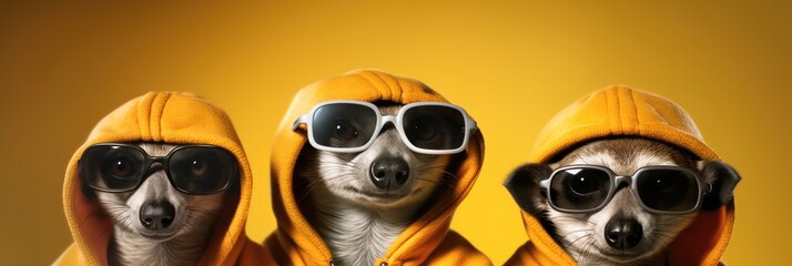 Fototapeta premium Group of Meerkat in vibrant bright fashionable on yellow background, Creative animal concept.